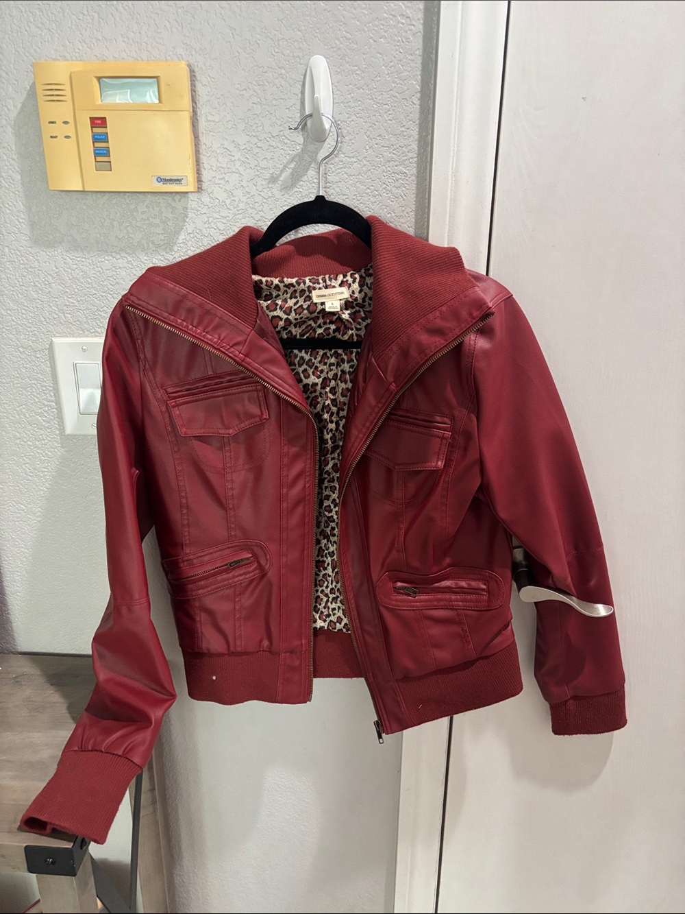 Women’s Red Faux Leather Bomber Jacket with Leopard Lining